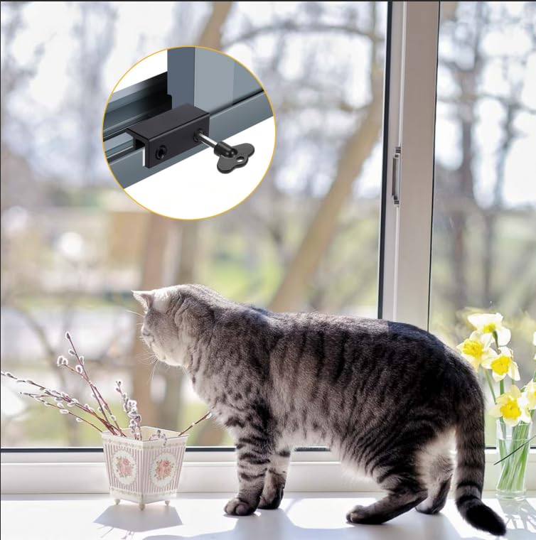 Window Locks,4 Pcs Sliding Window Locks with Key for Vertical & Horizontal Sliding Windows Doors Adjustable Aluminum Stoppers, No-Drill Easv to Install for Patio Bedroom Home and Office