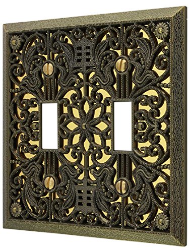 Amerelle 65TTAB Filigree Wallplate, 2 Toggle, Antique Brass - size: 2 Toggle