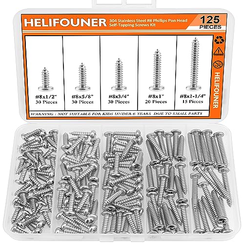 #8 x 1/2" 5/8" 3/4" 1" 1-1/4" Wood Screws Set, HELIFOUNER 125 Pieces Phillips Pan Head Self-Tapping Screws Assortment Kit, Phillips Pan Head Wood Screws, 304 Stainless Steel - size: #8