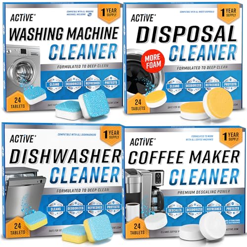 ACTIVE Washer Dishwasher Disposal & Coffee Cleaner Tablets - 96 Tabs Includes Washing Machine Cleaner, Dishwasher, Disposer, Coffee Maker Descale Tabs - Deep Clean & Refresh Appliance - 1 Year Supply - style: 96 Tablets Appliance Cleaning Bundle - Coffee