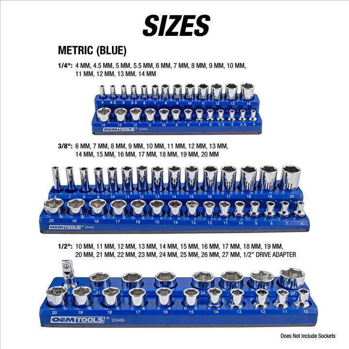 OEMTOOLS 22486 3-Pc Magnetic Socket Organizer to Hold 68 Metric Sockets | Metric Magnetic Socket Holder, Non-Marring Rubberized Base Socket Holders, 1/4, 3/8, 1/2 Inch Sizes, Clearly Marked Sizes - style: 3Pc Blue
