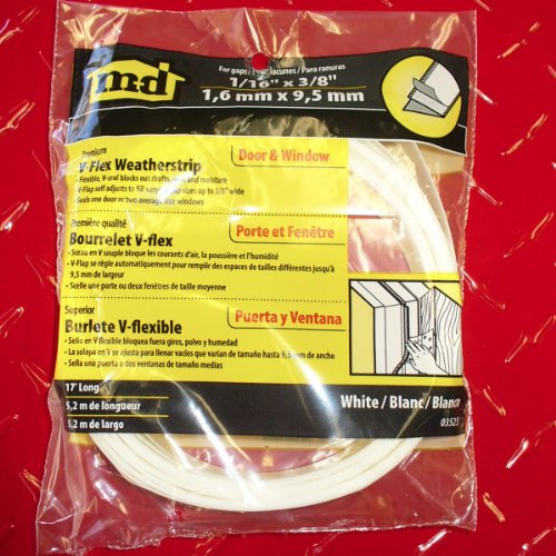 M-D Building Products 3525 M-D 0 V-Flex Weather-Strip with Adhesive Back, 17 Ft L X 7/8 in W, Polypropylene, 2 Pack, White - size: 1 Count (Pack of 2)