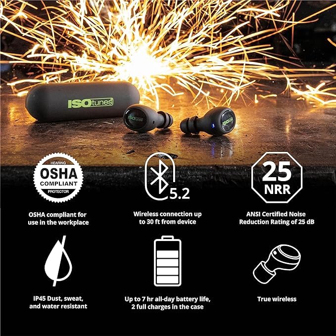 ISOtunes Free 2.0 Bluetooth Hearing Protection, OSHA Compliant Work Earbuds - color: Matte Black