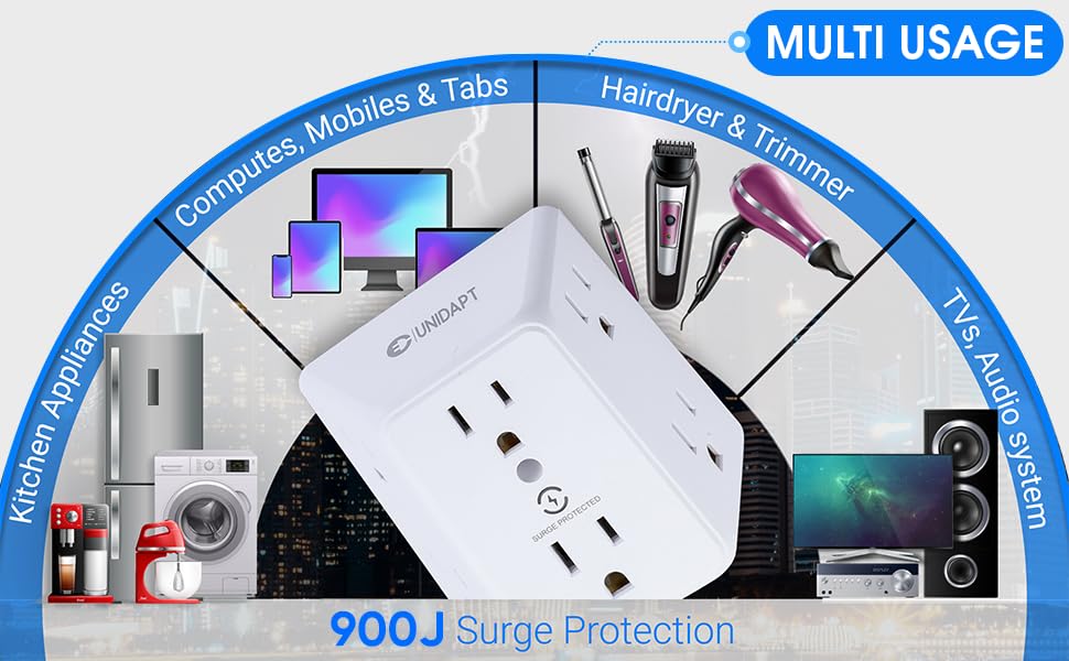 Unidapt 6 Outlet Wall Plug Extender, Surge Protector Power Strip, 1-Pack | 900 Joules, 3 Sided Wide Spaced Outlets, Mountable Wall Tap Multi Plug Charger Expander for Home, Office and Travel - style: 1-Pack