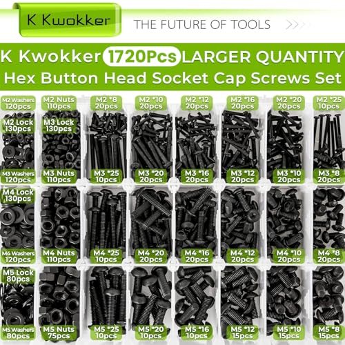 1724Pcs 24 Size M2 M3 M4 M5 Hex Button Head Cap Screw Bolts and Nuts Kit 8MM to 25MM, Upgraded Zinc Plated 10.9 Alloy Steel Nuts and Bolts Assortment Kit Metric Machine Screws - size: E. M2 M3 M4 M5