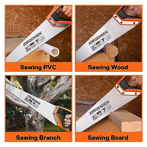 JORGENSEN 20 Inch Pro Hand Saw, 11 TPI Fine-Cut Ergonomic Non-Slip Aluminum Ultrasonic Welding Handle for Sawing, Trimming, Gardening, Woodworking, Drywall, Plastic Pipes | Non-slip ergonomic grip, ultrasonic welded structure, woodworking, trimming, drywa