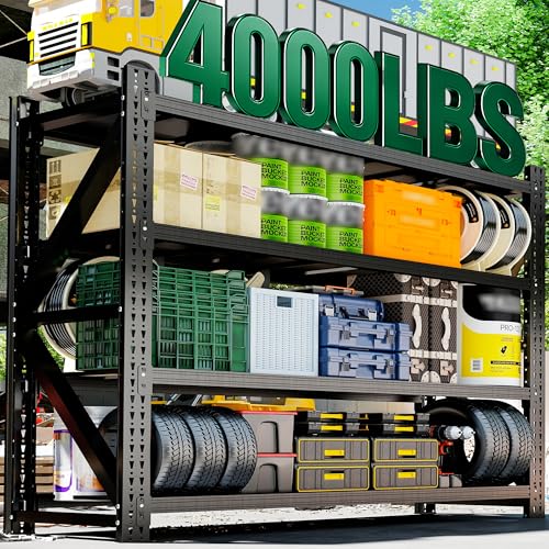 4-Tier Heavy Duty Garage Shelving,Industrial Shelving for Commercial & Home Use,Garage Storage Racks Heavy Duty Steel Shelves,Ultra-Wide Metal Rack for 3‑Car Garages,Warehouses,Workshops - color: Black, size: 24"D*75"W*69"H