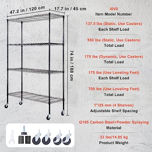 VEVOR Storage Shelving Unit, 4-Tier Adjustable Storage Shelves, 48" L x 18" W x 74" H Garage Storage Shelves, Metal Shelves with Wheels for Kitchen Pantry Basement Bathroom Laundry - color: Black, size: 48" L x 18" W x 74" H