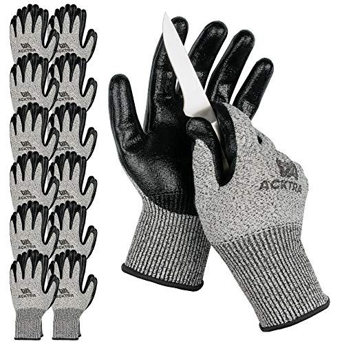 ACKTRA Level 5 Cut Resistant Safety WORK GLOVES, 12 pairs - size: Medium (Pack of 12), style: Nitrile Coating