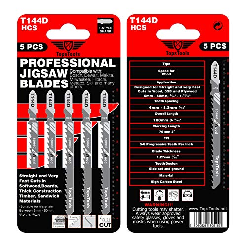 TopsTools 25pcs JSTT144D_5 100mm T144D Jigsaw Blades for Wood Long Life