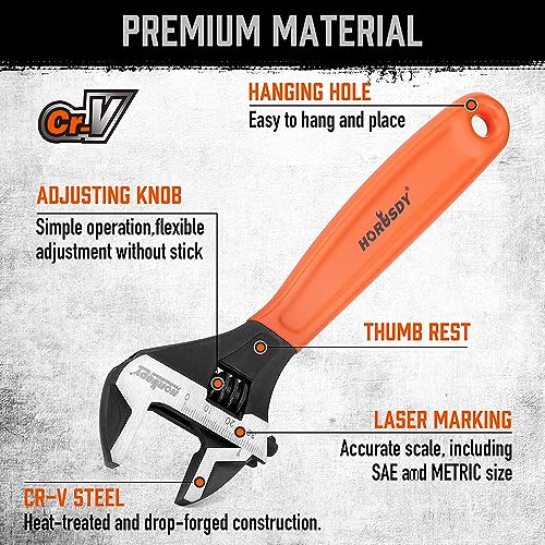 HORUSDY Adjustable Wrench Set | 2-Piece | 6-Inch and 10-Inch Wrenches | Metric & SAE Scales | Cushion Grip Wrench | Cr-V Steel - style: 2PC Wide Jaw Set (6" 10")