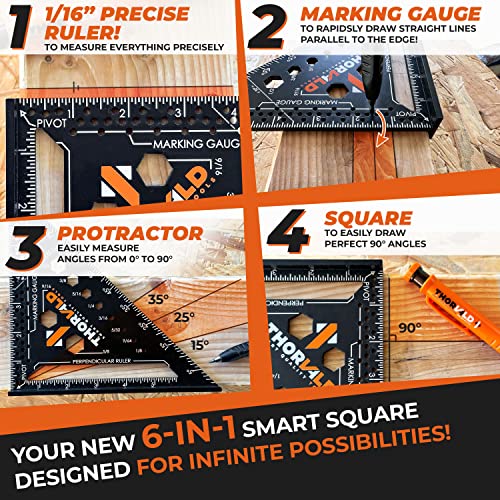 THORVALD 2 Carpenter Square 7 inch (1/16" Precision) + 2 Pencils + 12 Leads - T Square Multi-Purpose Carpenter Tools : Wrench, Protractor, Ruler, Marking Gauge, Drill Gauge, Carpentry Pencil - color: 2 Squares + 2 Pencils + 12 Leads