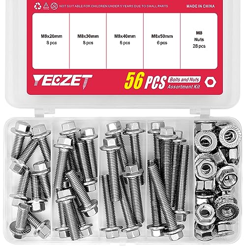 56PCS M8 Stainless Steel 304 Flanged Hex Head Bolts and Nuts kit 20mm 30mm 40mm 50mm - color: 56PCS M8 Bolts and Nuts Kit