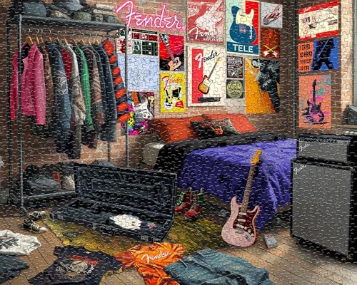 Springbok Fender Fanatic Den 1000 Piece Jigsaw Puzzle for Adults - Poster Now Included - Guitar Music Room Art, Rock & Roll Collectors Scene - Unique Cut Pieces - Made in USA - style: Fanatic Den