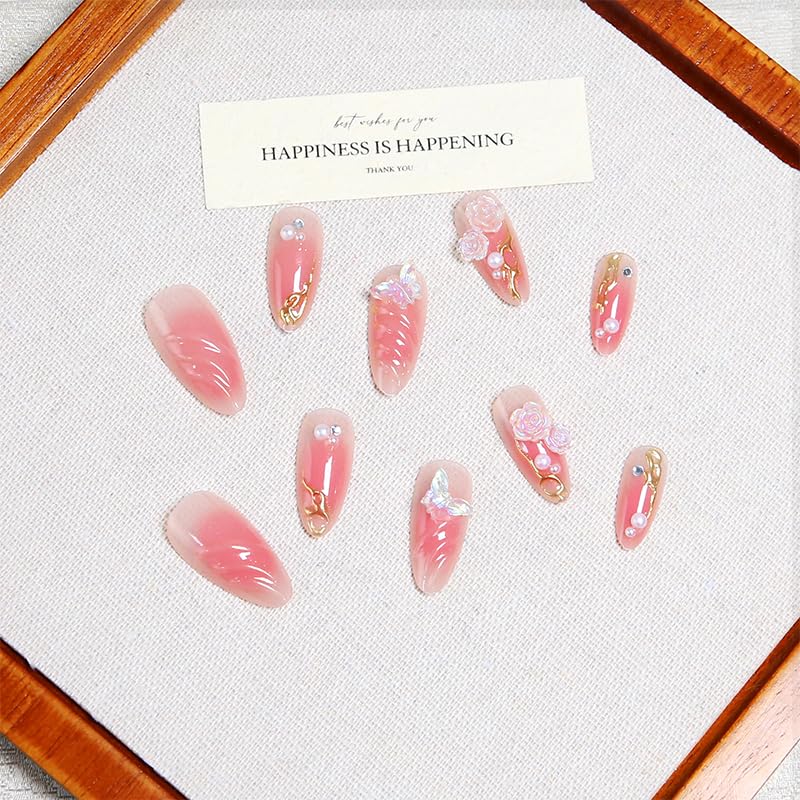3D Pink Press on Nails Almond Medium French Tip Fake Nails with Embossed Flower Rose Butterfly&Charm Designs Glossy Finish Reusable False Nails 24Pcs Nail Kit for Women Manicure(3D Embossed design 2) - color: 3D Embossed design 2