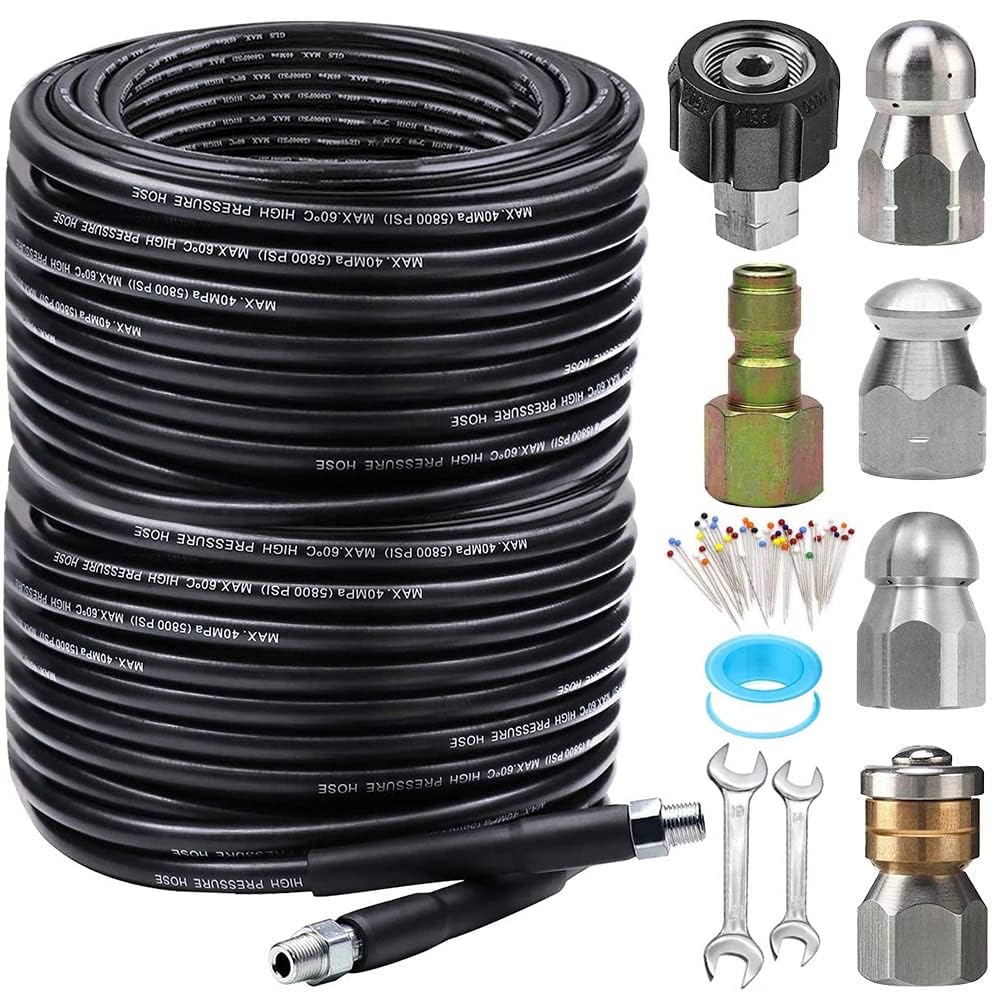 200FT Sewer Jetter Kit for Pressure Washer, 5800PSI Drain Cleaner Hose 1/4 Inch NPT Corner, Rotating and Button Hose Sewer Jetting Nozzle Pearl Corsage Pin Waterproof Tape with 2 Spanner - color: 200FT