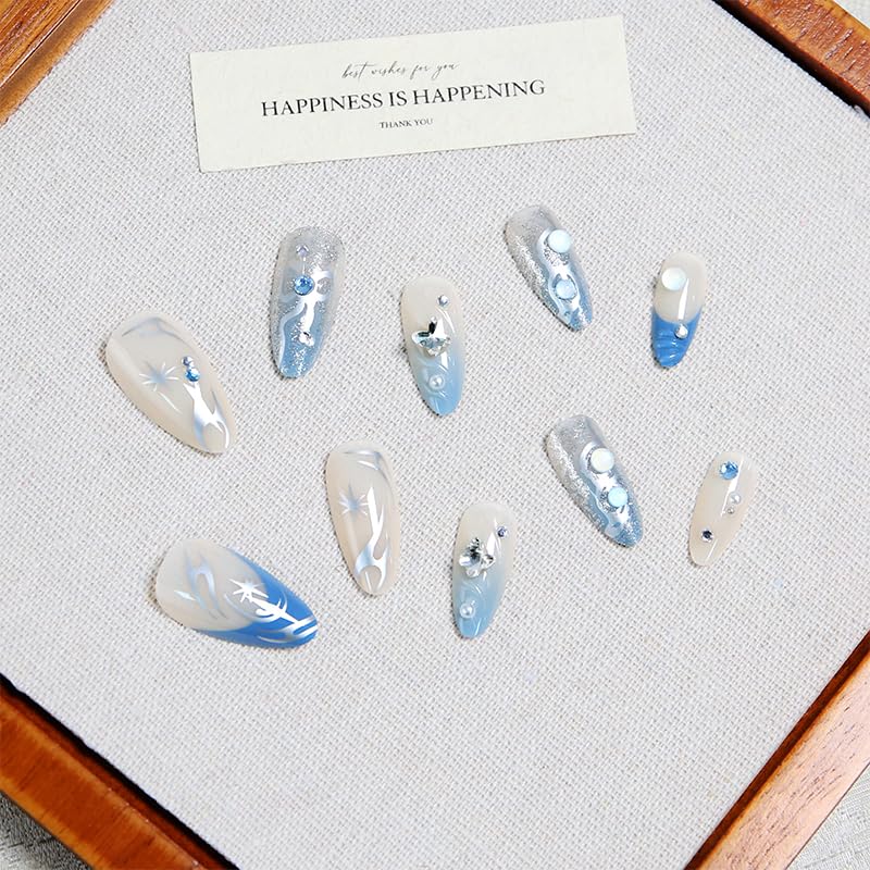 3D Press on Nails Almond - Medium French Tip Fake Nails with Embossed Bow&Blue Bead Designs, Glossy Finish Reusable False Nails for Women Manicure(3D Embossed design 15) - color: 3D Embossed design 15
