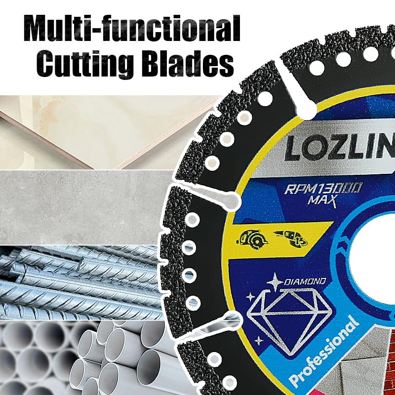LOZLIN Diamond Blades 5-Pack 4.5" Diamond Multi-Purpose Saw Blades - Heavy Duty Angle Grinder Discs for Cutting Marble/Quartz/Stone/Tile/Metal/Plastic (Black Teeth)