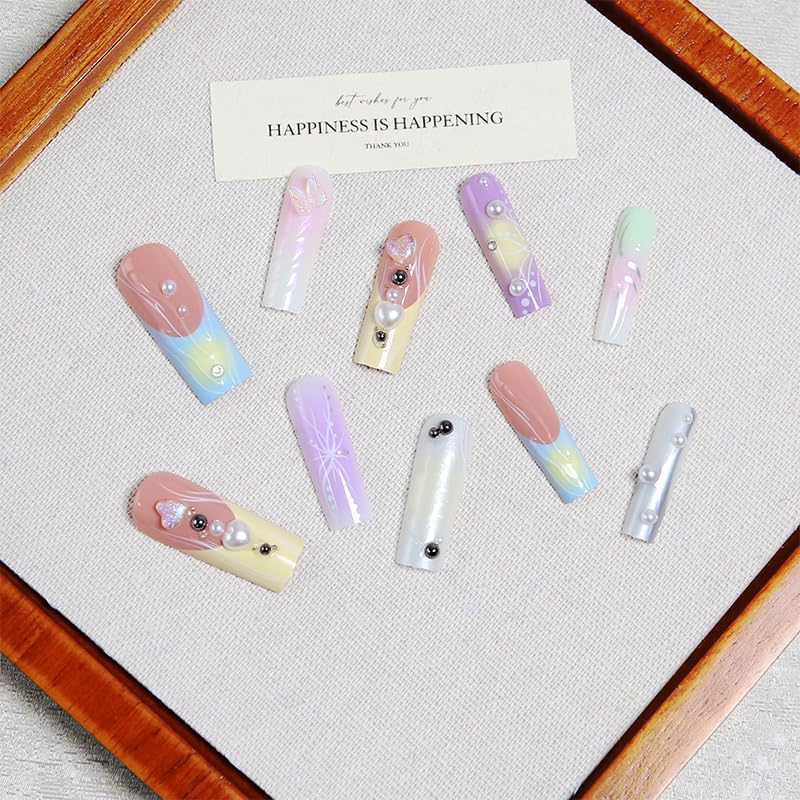3D Press on Nails Almond - Long French Tip Fake Nails with Embossed Love&White Bead Designs, Glossy Finish Reusable False Nails for Women Manicure(3D Embossed design 16) - color: 3D Embossed design 16