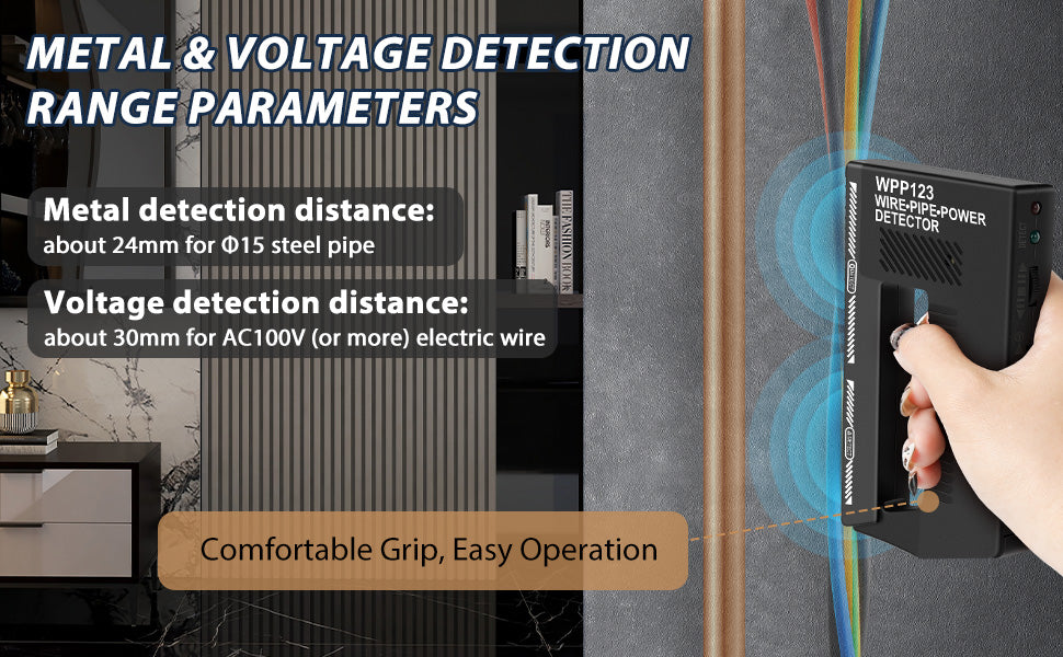 WPP123 High Sensitivity in-Wall Detector, Metal Detector, Wire Detector, Adjustable Alarm, Multi-Functional Scanner, Suitable for Adults, Durable Plastic Body, Black