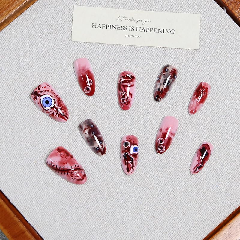 Halloween Press on Nails Almond - Medium Tip Fake Nails with Terrifying Eyes Designs,Glossy Finish Reusable False Nails for Women Manicure(3D Embossed design 13) - color: 3D Embossed design 13