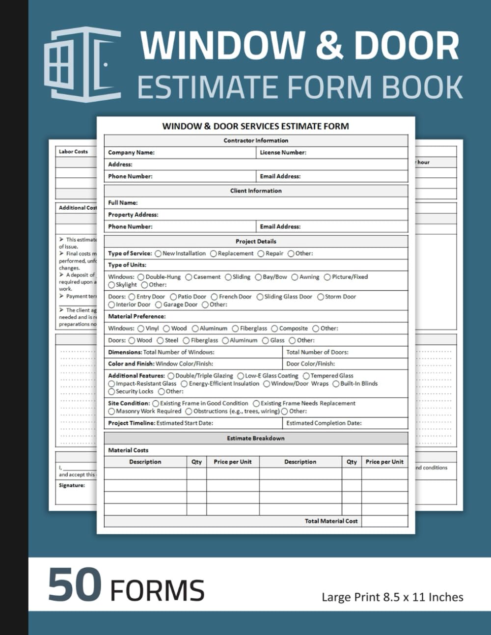 Window & Door Estimate Form Book: Windows & Doors Installation & Replacement Estimating Sheets | 50 Forms