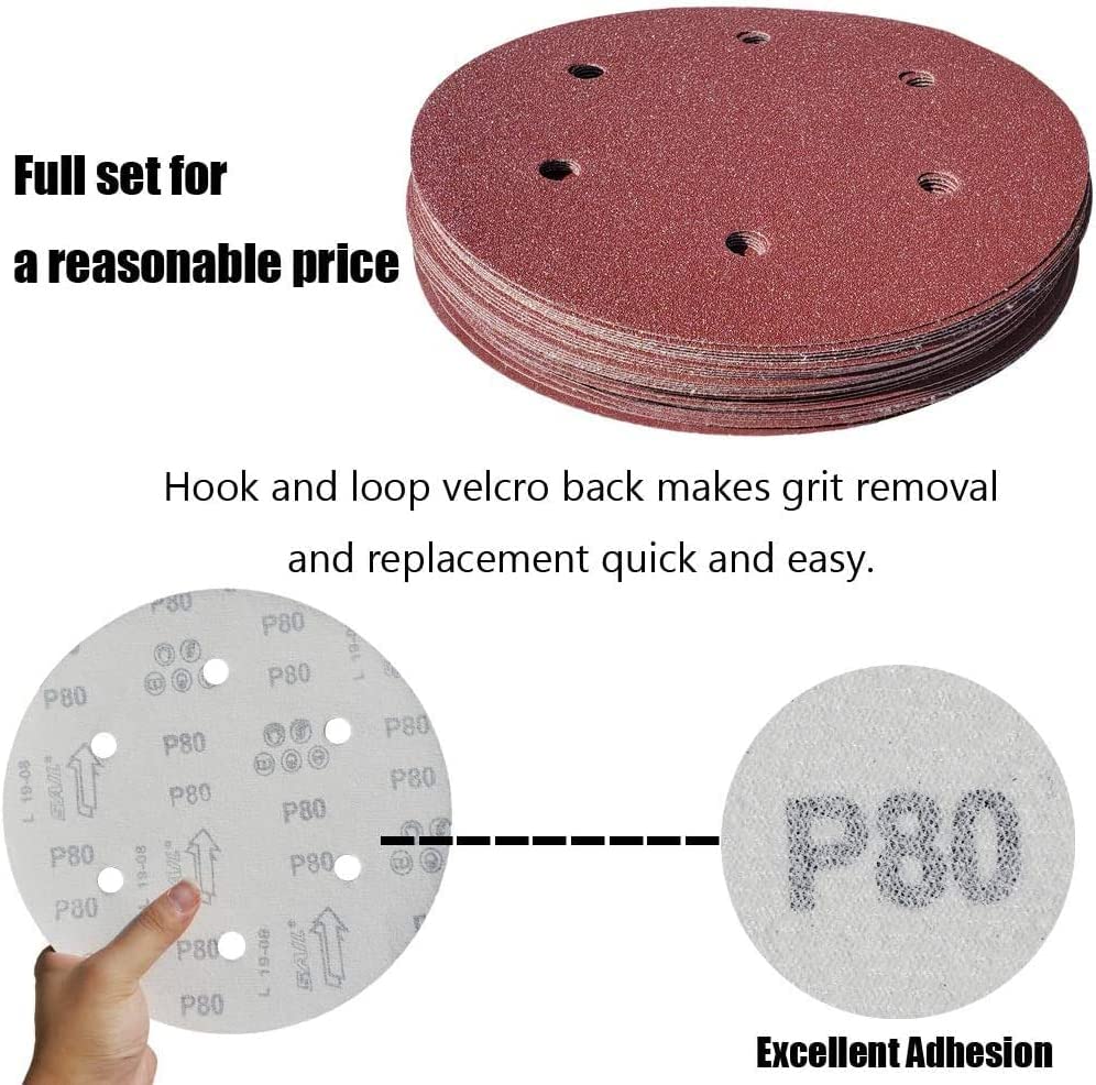 100 PCS 9-Inch 6-Hole Drywall Sanding Discs Set - 60 80 120 150 240 Grits Sandpaper , 9" Aluminum Oxide Hook-and-Loop Drywall Sander Paper for Power Drywall Sander