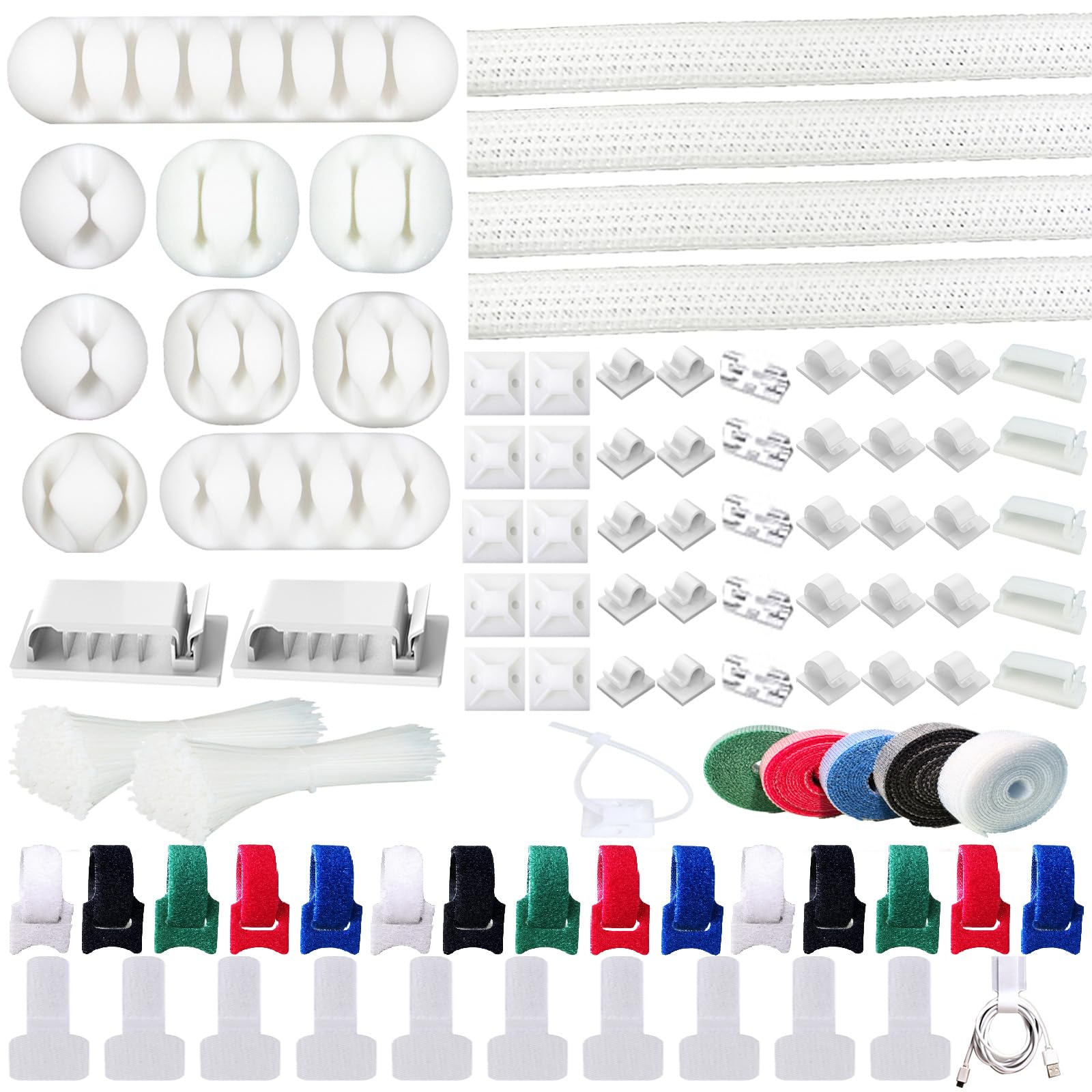 ELII 300PCS White Cable Management Kit,4 Cable Sleeve 35 Cable Clips - color: White