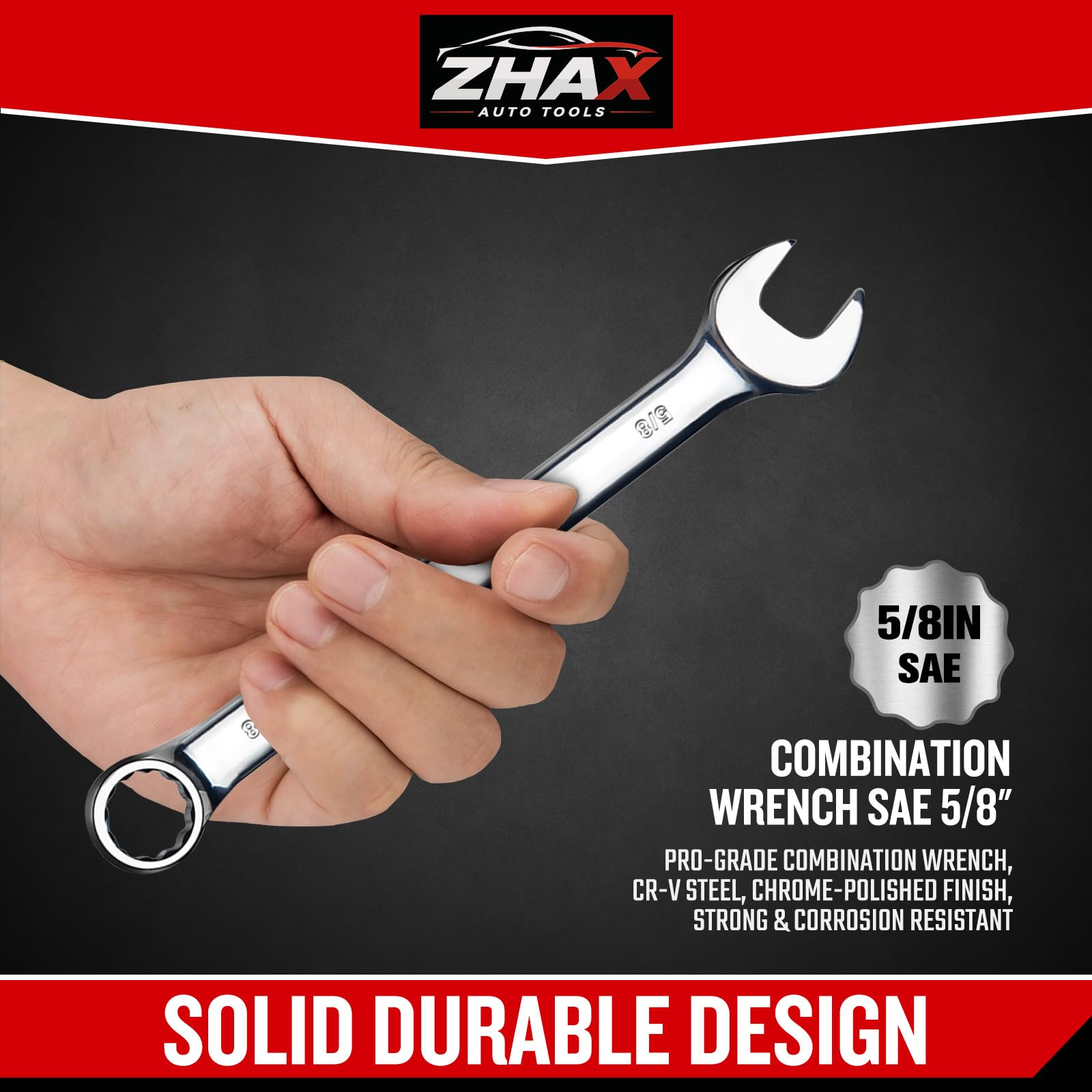 zhax 5/8" SAE Combination Wrench, 12 Point Box End, 15 Degree Offset Design, Mirror Polish Finish, Forged CR-V Steel, Hand Tools for Mechanics, Ideal for Auto and Home Repair - size: 5/8"