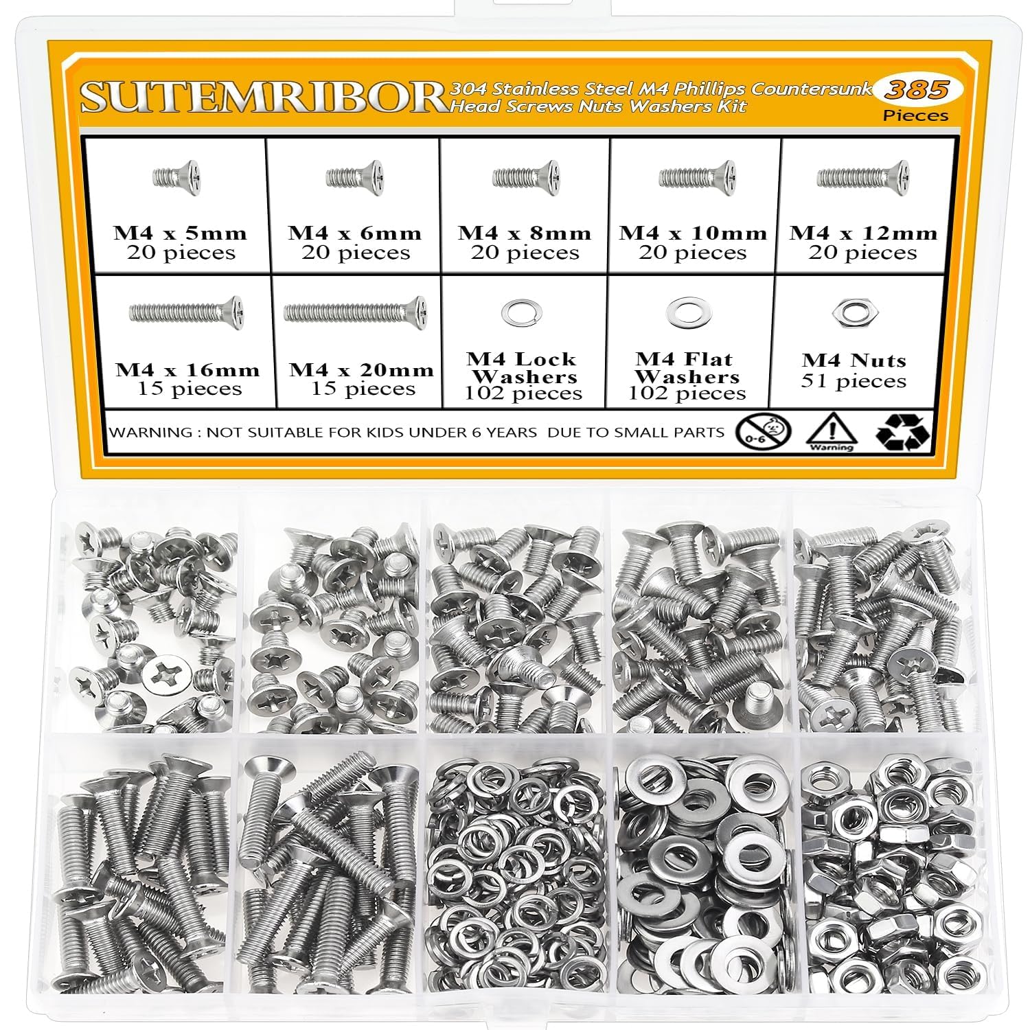 385 Pieces M4 Machine Screws Nuts Washers Set, Sutemribor M4 x 5/6/8/10/12/16/20mm Phillips Countersunk Head Machine Screws Nuts Washers Assortment Kit, 304 Stainless Steel, Fully Threaded - size: M4, style: Phillips Countersunk Head