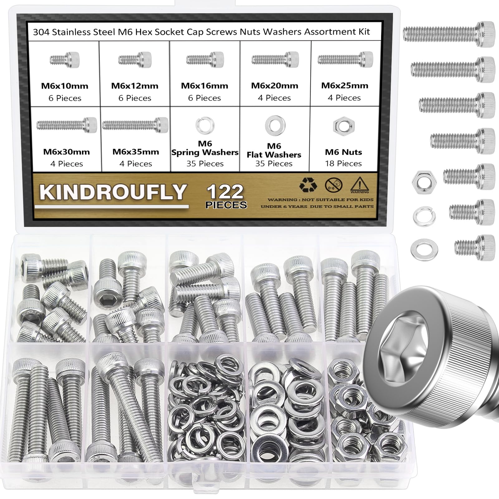 122 Pieces M6 x 10/12 /16/20 /25/30 /35mm Hex Socket Head Cap Screws Nuts Washers Assortment Kit, 304 Stainless Steel, Fully Machine Thread - size: M6, style: Socket Head