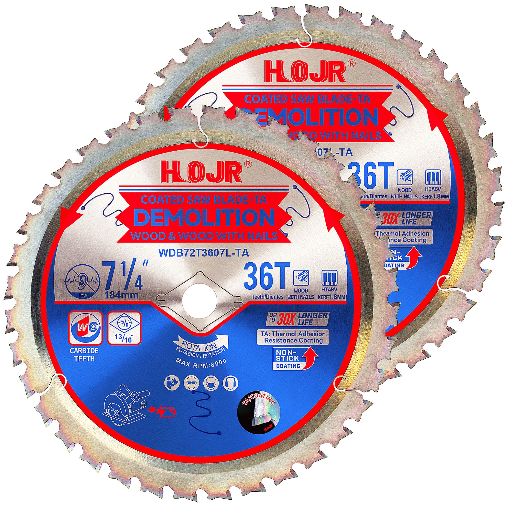 2-Pack 7-1/4" 36 Tooth 5/8" Arbor Demolition Circular Saw BladeWoodworking TA Series, Demolition/Framing, Special Anti-Heat Adhesion Coating onCutting Head -TA, DEM 7-1/4"36T-TA - size: 2PCS 7-1/4" 36T 5/8"